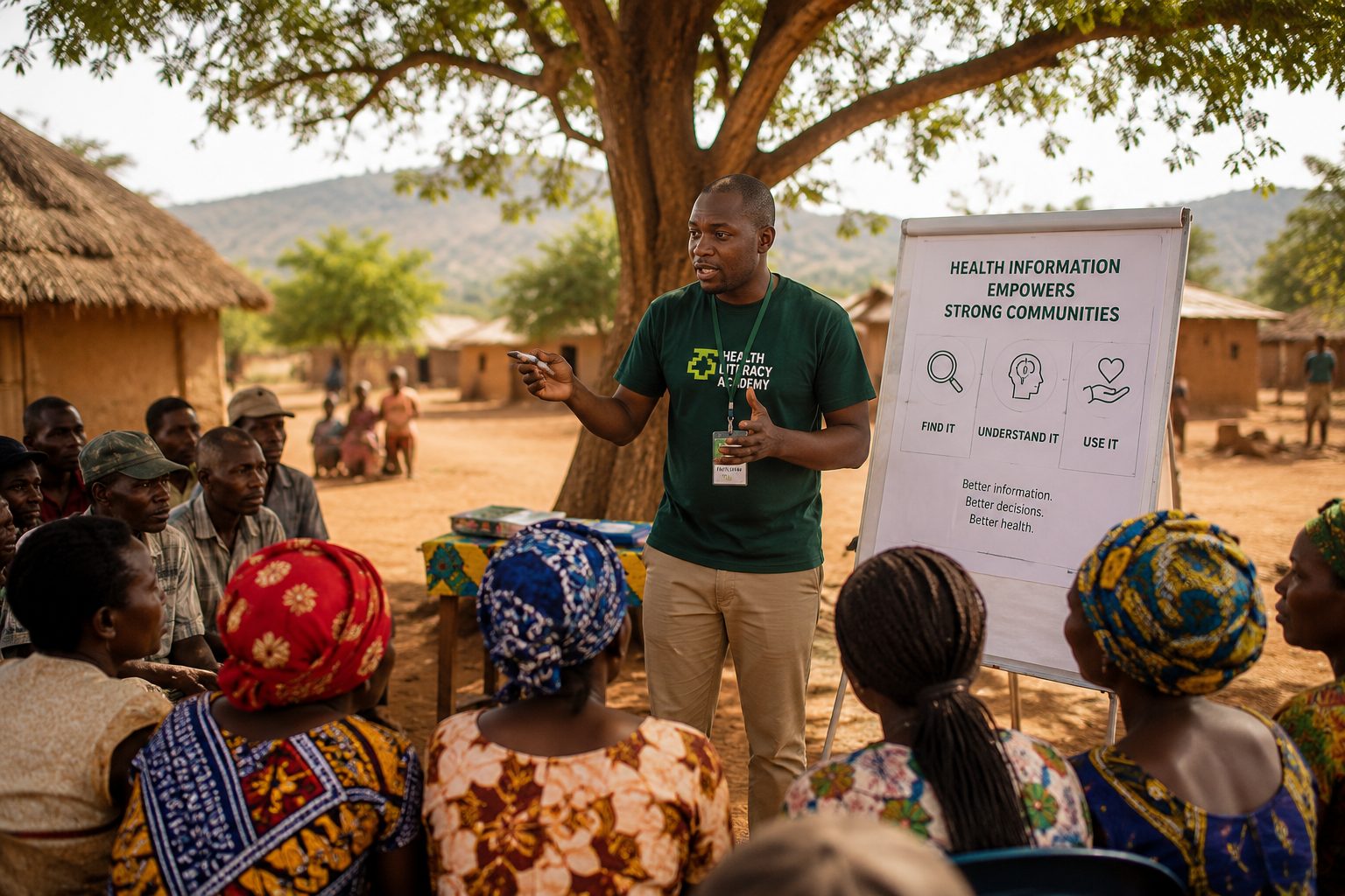 A health worker leading a community health-education session